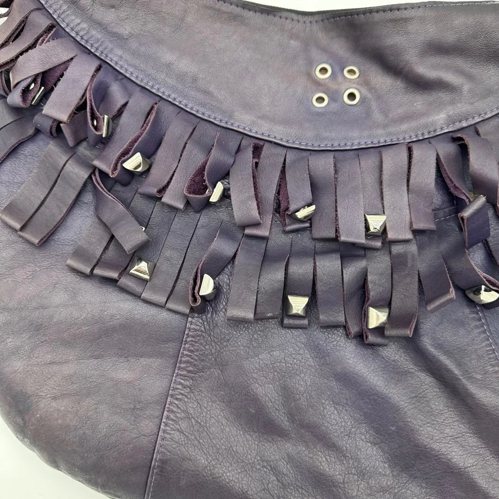 Carla Mancini Purple Leather Studded Fringe Hobo Shoulder Bag Silver‎ Hardware